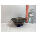 Blue Carnival Glass Two Flowers Bowl