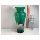 Vtg Green Glass Vase Hand Painted