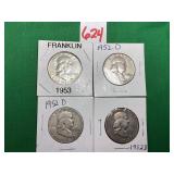 1 - 1953 & 3 - 1952 Franklin Half Dollars