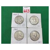 1 - 1950 & 3 - 1951 Franklin Half Dollars