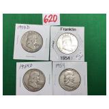 1 - 1951 & 3 - 1954 Franklin Half Dollars