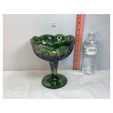 Green Carnival Glass Pedestal Bowl