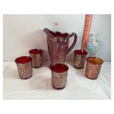 Red Carnival Glass Field Flower Pitcher & Tumblers