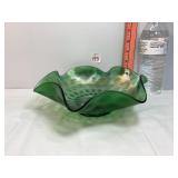 Green Carnival Glass Coin Dot Bowl