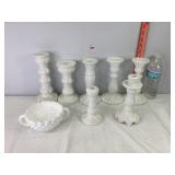 Milk Glass Candle Holders & Bowl