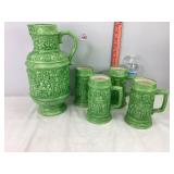 Green Glazed Ceramic Pitcher & Steins