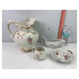 China Pitcher, Gravy Boat, Bowl & Creamer