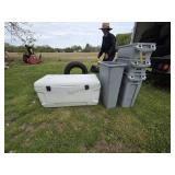 4 Rubbermaid Garbage Cans and Igloo Cooler