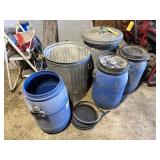 2 Galvanized Cans, 3 Poly Barrels