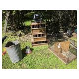Wooden Chicken Crates & Galvanized Trash Bin