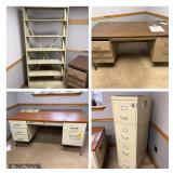 2 Metal Desks, Filing Cabinet, Shelf