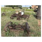 Antique planter, trailer frame and wagon