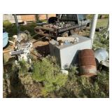 Craftsman saw and stand, trash cans, wooden box