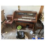 Lowry Regency piano, stool, end table,