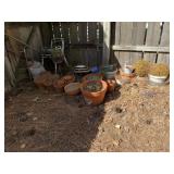 Various Sized Pots, Pot Holder, 2 Metal Chairs