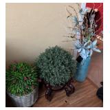 3 Artificial Plants, 1 Wooden Stand, 1 Basket,