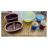 2 Vintage Pyrex Mixing Bowls, 2 Hull Dishes,