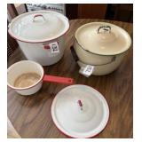 2 Enamelware Pots w/ Lids, 1 Pan, Extra Lid