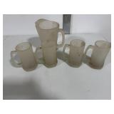 Vintage Frosted Glass Pitcher w/ 4 Mugs