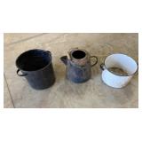 2 Enamelware Pots, 1 Enamelware Coffee Pot