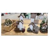 3 Wooden Decorative Houses, 1 Basket