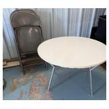 5 Metal Folding Chairs, Round Table