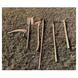 Pick Axe, 3 Hay Forks, Axe Shovel, Sickle