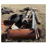 Pallets, Wood Pole, Tires, Small Wagon Wheel,