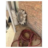 Broken Concrete Birdbath, Watering Hose