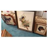 2 Framed Animal Art Pieces, Wooden Wall Clock w/