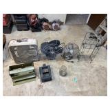 Vintage fans, keys, paper towel dispenser, misc.