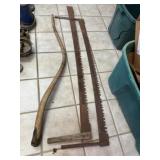 2 saws, scythe handle