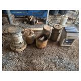 Dog feeder, milk cans, vintage fuel cans, heater