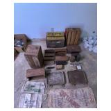 Vintage wood crates, tins, serving trays,