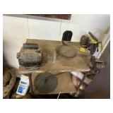 Workbench, w/ grinder and vise, contents of