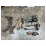 Antique headlight lamp, desk frame, oiler,