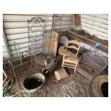 Decorative shelves, metal chair, desk, misc.