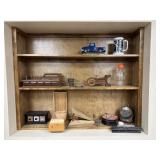 Antique headlamp and car, misc. decor