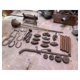 Vintage clothes washing tools, irons, scales,