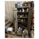 Wooden cabinet, oil, paint, copper coat, misc.