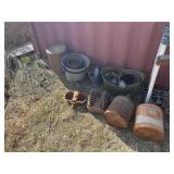Vintage oil cans, metal tubs and pots
