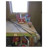 Golf clubs, balls, tees and beer pong balls