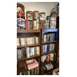 2 Bookcases, Popcorn Tins, 180+/- Books