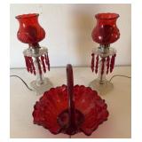 2 Table Lamps, Red Glass Basket