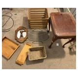 Broken End Table, Wooden Crate, Clock, Wire