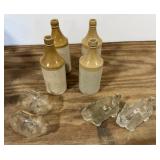 2 Glass Piggy Banks, 4 Crock Soda Bottles, 2