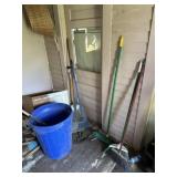 Lawn tools, brooms, trash can