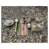 Vintage, oil cans, fishing reel, egg scale,