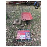 Wheel barrow, concrete marker, huffy mower