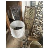 lamp, candlesticks, 2 lamp shades, fan, wall art